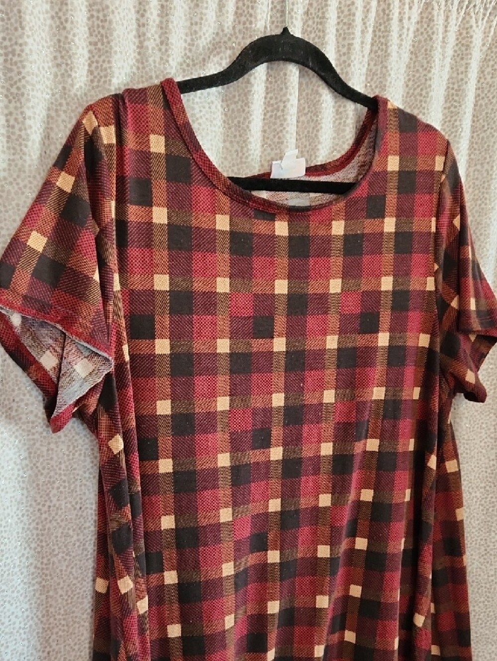 Lularoe Plaid Short-Sleeve Midi Dress in Burgundy and Mustard FINAL PRICE - Picture 2 of 6